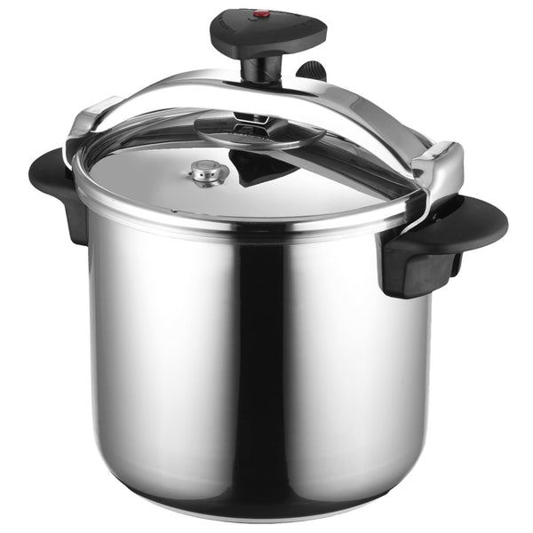 Magefesa Star 10.6-Quart Stainless Steel Pressure Cooker with black handles and secure locking lid.