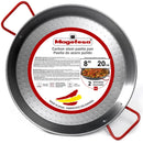 A round, silver-colored carbon steel paella pan with a hammered texture and two bright red handles. A brand label is visible on the surface.