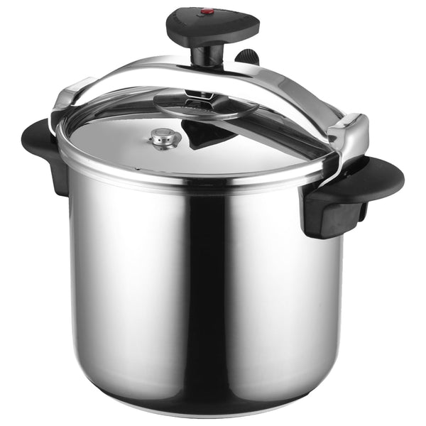 Magefesa Star 12.7-Quart Stainless Steel Pressure Cooker with black handles and locking lid.