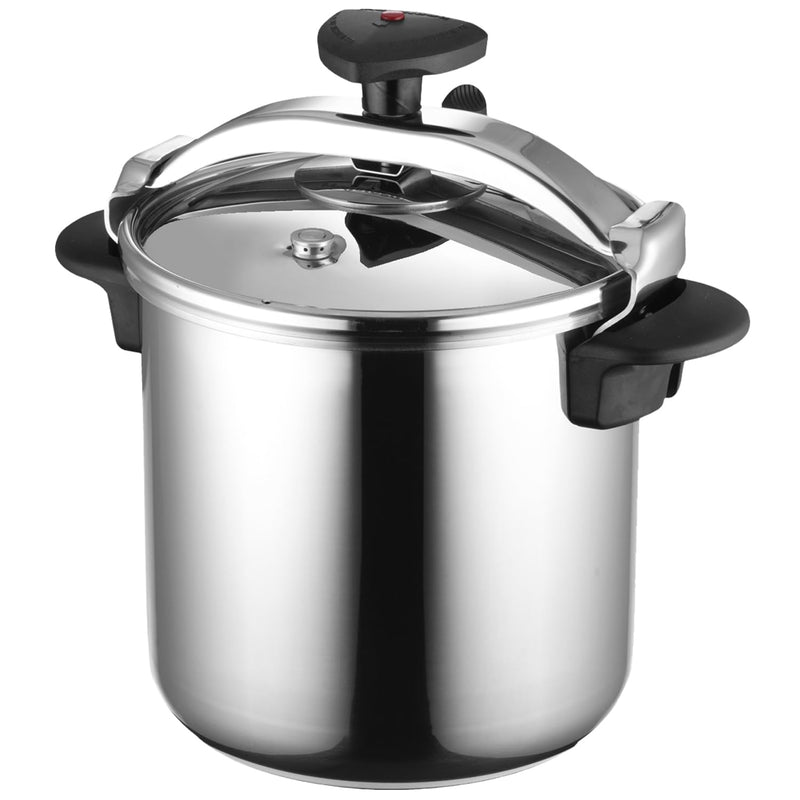 A MAGEFESA Star 14.8-quart stainless steel pressure cooker with a secure safety lock and black handles.