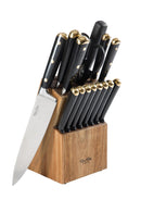 Martha Stewart 16 Piece Lockton High Carbon Stainless Steel Cutlery Kitchen Knife Block Set W/ABS Tripe Riveted Forged Handle Acacia Wood Block - Black W/Gold
