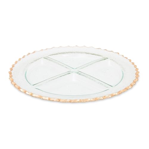 A 13-inch round clear glass serving dish with four sections and a textured, gold-colored rim.