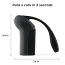 Corkscrew with measurement diagram and text: “Pulls a cork in 3 seconds,” showing height and width.