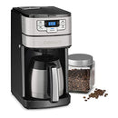 Cuisinart 10-cup coffee maker beside a jar of coffee beans, showing stainless steel accents and digital display.