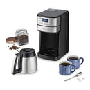Cuisinart 10-cup coffee maker with stainless steel carafe displayed next to coffee mugs, coffee beans, and a jar of ground coffee.