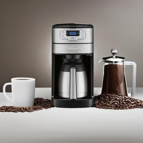 Front view of Cuisinart coffee grinder and brewer placed on a counter with a mug, French press, and coffee beans.