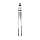 Stainless steel kitchen utility tongs with locking mechanism and scalloped edges