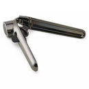 Farberware garlic press in chrome and black with built-in cleaner and ergonomic handles, shown on a white background.
