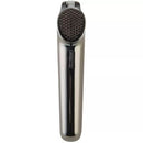 Farberware garlic press in chrome and black with built-in cleaner and ergonomic handles, shown on a white background.