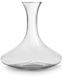 A glass wine decanter with a wide base and narrow neck, shown with a stainless steel "wine shower" funnel and a detached fine-mesh sediment strainer.