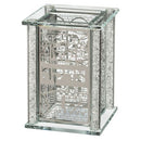 Elegant crystal Tzedakah box with silver metal plates and Jerusalem design on a white background.