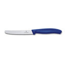Victorinox 4-inch serrated rounded-tip knife with a blue ergonomic handle and a stainless steel blade.