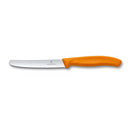 Victorinox 4-inch serrated rounded-tip knife with an orange ergonomic handle and a stainless steel blade.