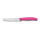 Victorinox 4-inch serrated rounded-tip knife with a pink ergonomic handle and a stainless steel blade