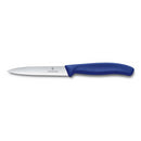 A Victorinox 4-inch paring knife with a stainless steel serrated blade and a dark blue ergonomic handle, featuring a pointed tip.