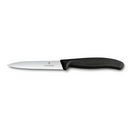 Victorinox 4-inch serrated pointed-tip knife with a black ergonomic handle and a stainless steel blade.