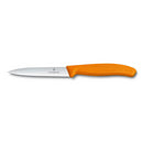 Victorinox 4-inch serrated pointed-tip knife with an orange ergonomic handle and a stainless steel blade.