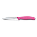 A compact 4-inch paring knife with a silver serrated stainless steel blade and a bright pink ergonomic handle.