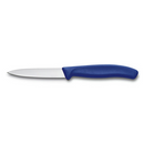 A small 4-inch paring knife with a straight stainless steel blade, a pointed tip, and a curved, ergonomic blue plastic handle.