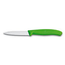 A Victorinox Swiss Classic Paring Knife with a bright green ergonomic handle and a silver-colored serrated blade. The knife is positioned horizontally against a plain white background. The Victorinox logo is subtly debossed on the handle.