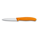 Victorinox 3.25-inch serrated paring knife with orange handle, angled on a white background.