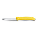 Victorinox 3.25-inch serrated paring knife with yellow handle, displayed diagonally on a white background.