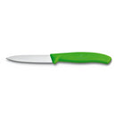 A compact 3.25-inch paring knife with a sharp, silver stainless steel blade and a bright green ergonomic handle.