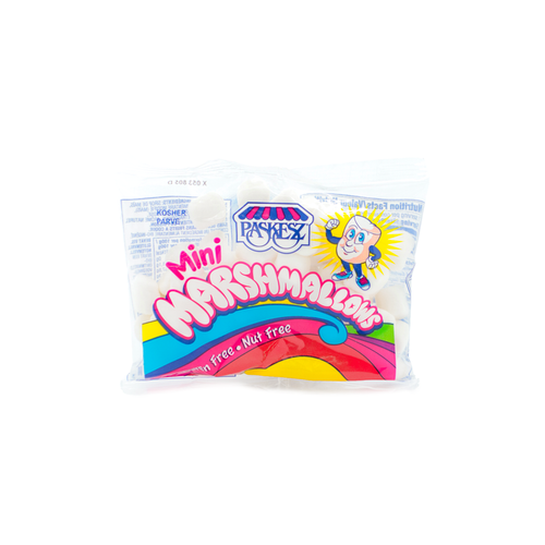 A bag of Paskesz Mini Marshmallows, featuring colorful packaging with a fun design, highlighting its kosher certification and gluten-free status, perfect for snacking or baking.