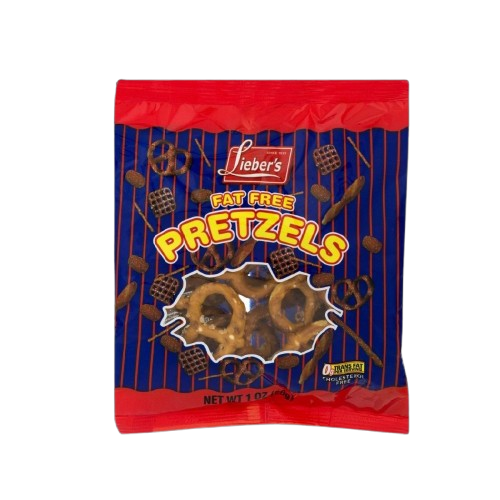 A 1 oz bag of Lieber’s Fat-Free Pretzels, featuring a red and blue package with a clear window, showcasing its crispy, golden-brown pretzels, perfect for snacking or gifting.