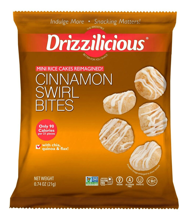 A single-serving bag of Drizzilicious Cinnamon Swirl Bites, featuring a golden brown package with images of mini rice cakes drizzled in sweet cinnamon glaze, highlighting its gluten-free, vegan, and low-calorie benefits.