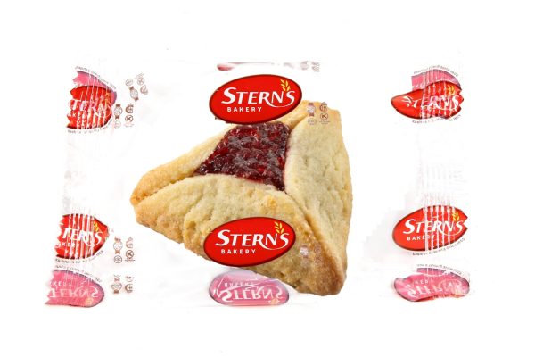 A single Hamantaschen cookie, featuring a golden, flaky dough folded into a triangle shape, filled with sweet red fruit jam, perfect for Purim celebrations and Shalach Manos gifts.