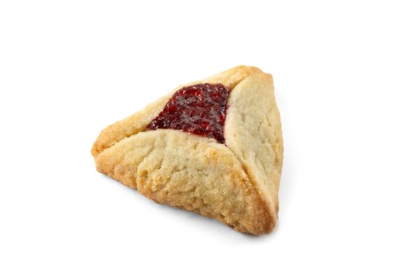 A single Hamantaschen cookie, featuring a golden, flaky dough folded into a triangle shape, filled with sweet red fruit jam, perfect for Purim celebrations and Shalach Manos gifts.