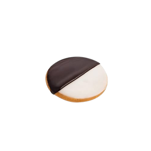 A classic Black and White Cookie, featuring a soft, cake-like base with half chocolate and half vanilla glaze, perfect for desserts, gifting, or Shalach Manos.