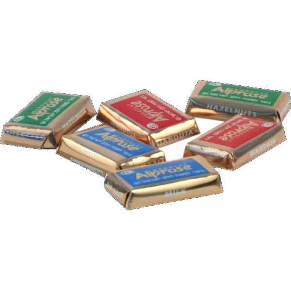 A selection of Alprose Swiss chocolates, individually wrapped in gold foil with colorful labels, featuring milk chocolate, hazelnut, and gianduja flavors, perfect for gifts or Shalach Manos.