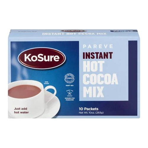 A single packet of KoSure Instant Hot Cocoa Mix, designed for quick and easy preparation, featuring rich chocolate flavor and pareve certification, perfect for Shalach Manos or cozy treats.