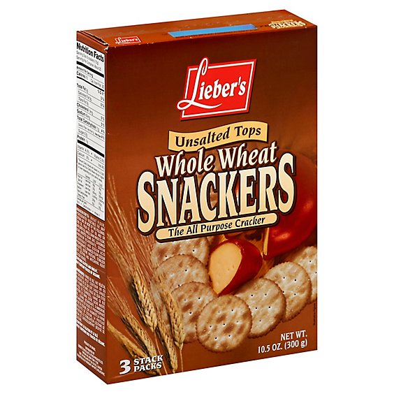 A box of Lieber’s Whole Wheat Snackers, featuring crispy round whole wheat crackers with an unsalted top, perfect for snacking, pairing with dips, or adding to Shalach Manos.