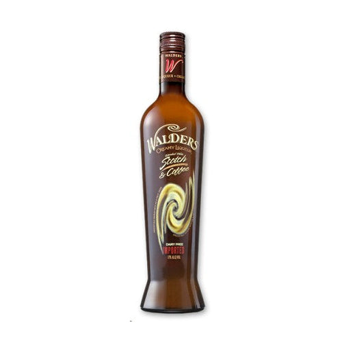 A bottle of Walders Scotch & Coffee Creamy Liqueur, featuring a sleek brown design with swirling coffee imagery, highlighting its smooth, dairy-free texture and rich Scotch whisky flavor.