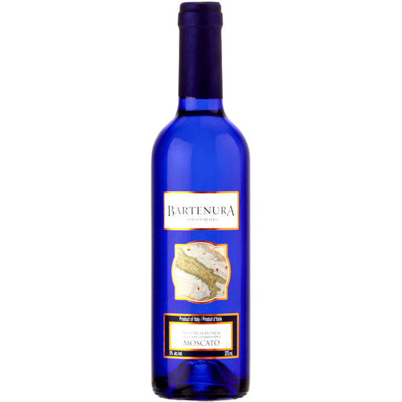 A 750mL blue bottle of Bartenura Moscato, featuring an elegant design with a gold and white label, highlighting its sweet, lightly sparkling flavor and Italian heritage.