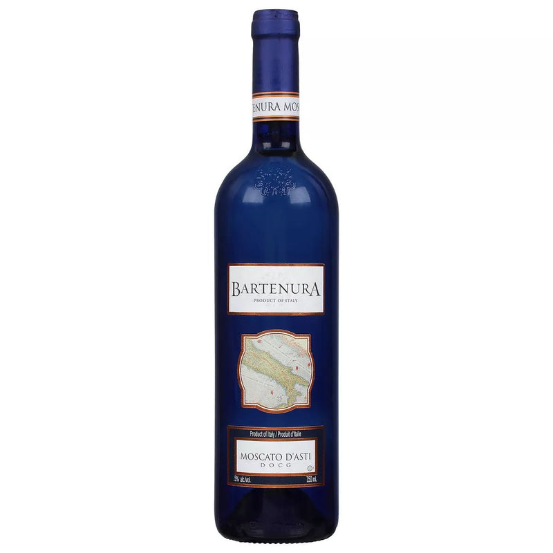 A 750ml blue bottle of Bartenura Moscato D'Asti featuring an elegant label with a map design, highlighting its Italian origin and sweet, lightly sparkling taste.

Let me know if you’d like any adjustments!