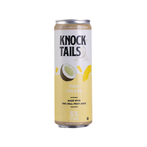 A 355mL can of Knock Tails Piña Colada, featuring a sleek yellow and white design with coconut and pineapple imagery, highlighting its ready-to-drink convenience and real fruit juice ingredients.