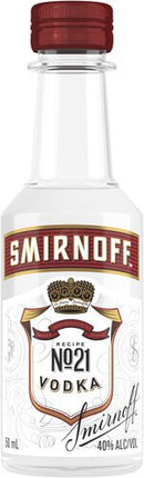 A 50mL mini bottle of Smirnoff No. 21 Vodka, featuring a clear glass design with a red and white label, a gold crown emblem, and a smooth, triple-distilled vodka formula.
