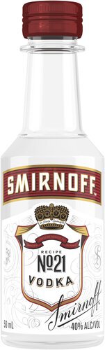 A 50mL mini bottle of Smirnoff No. 21 Vodka, featuring a clear glass design with a red and white label, a gold crown emblem, and a smooth, triple-distilled vodka formula.