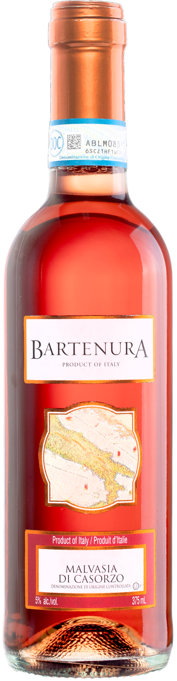 A 375mL bottle of Bartenura Malvasia di Casorzo, featuring a deep ruby red hue, an elegant label with a map of Italy, and a copper-colored foil cap, highlighting its sweet, lightly sparkling flavor.