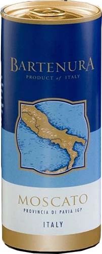 A Bartenura Moscato wine can, featuring a signature blue and gold design with a map of Italy, highlighting its sweet, lightly sparkling flavor and convenient portable size.