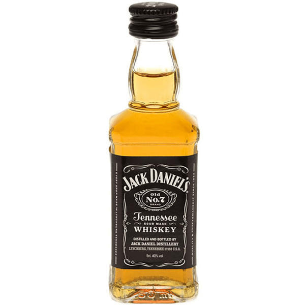 A 50mL mini bottle of Jack Daniel’s Old No. 7 Tennessee Whiskey, featuring a square-shaped clear bottle with a black label, showcasing its bold, smooth flavor and signature charcoal mellowing process.