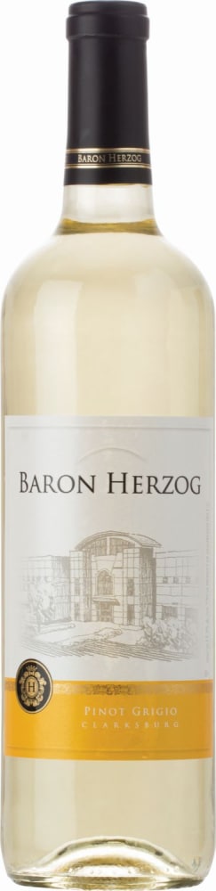 A 750mL bottle of Baron Herzog Pinot Grigio, featuring a sleek design with a white and gold label, displaying the winery’s illustration and kosher certification, highlighting its crisp, refreshing taste.