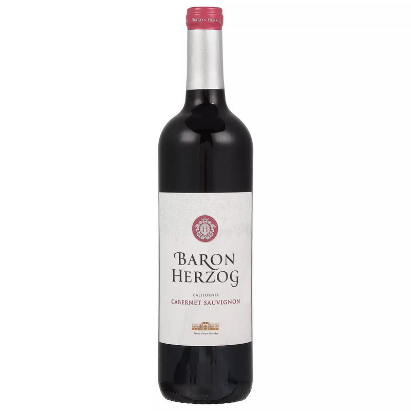 A 750mL bottle of Baron Herzog Cabernet Sauvignon, featuring an elegant white label with red accents, highlighting its rich California-grown flavors and kosher certification.