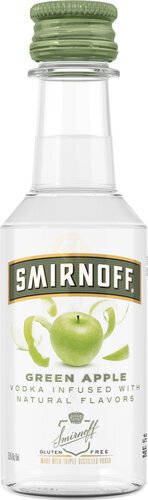 A 50mL mini bottle of Smirnoff Green Apple Vodka, featuring a clear glass design with a green cap, green apple imagery, and a white label showcasing its crisp, fruity flavor and smooth finish.