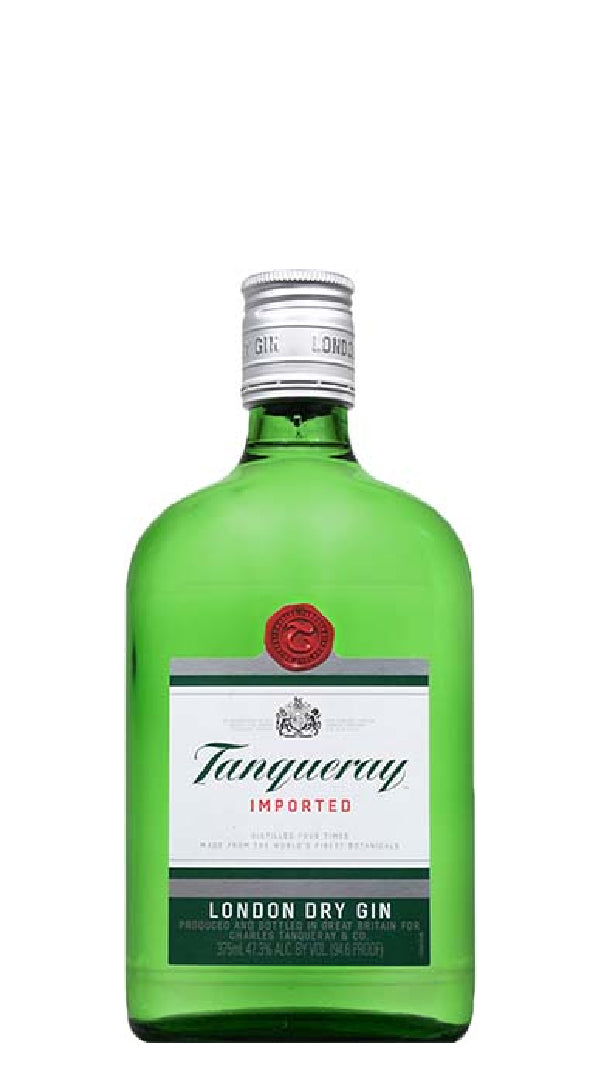 A green bottle of Tanqueray London Dry Gin featuring a red seal, silver cap, and white label with black and red text, highlighting its premium imported quality.