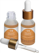 Trapp No. 04 Orange Vanilla 0.5 oz. Ultrasonic Diffuser Oil in a frosted glass bottle with a gold dropper cap, displayed next to its vibrant orange and navy packaging.